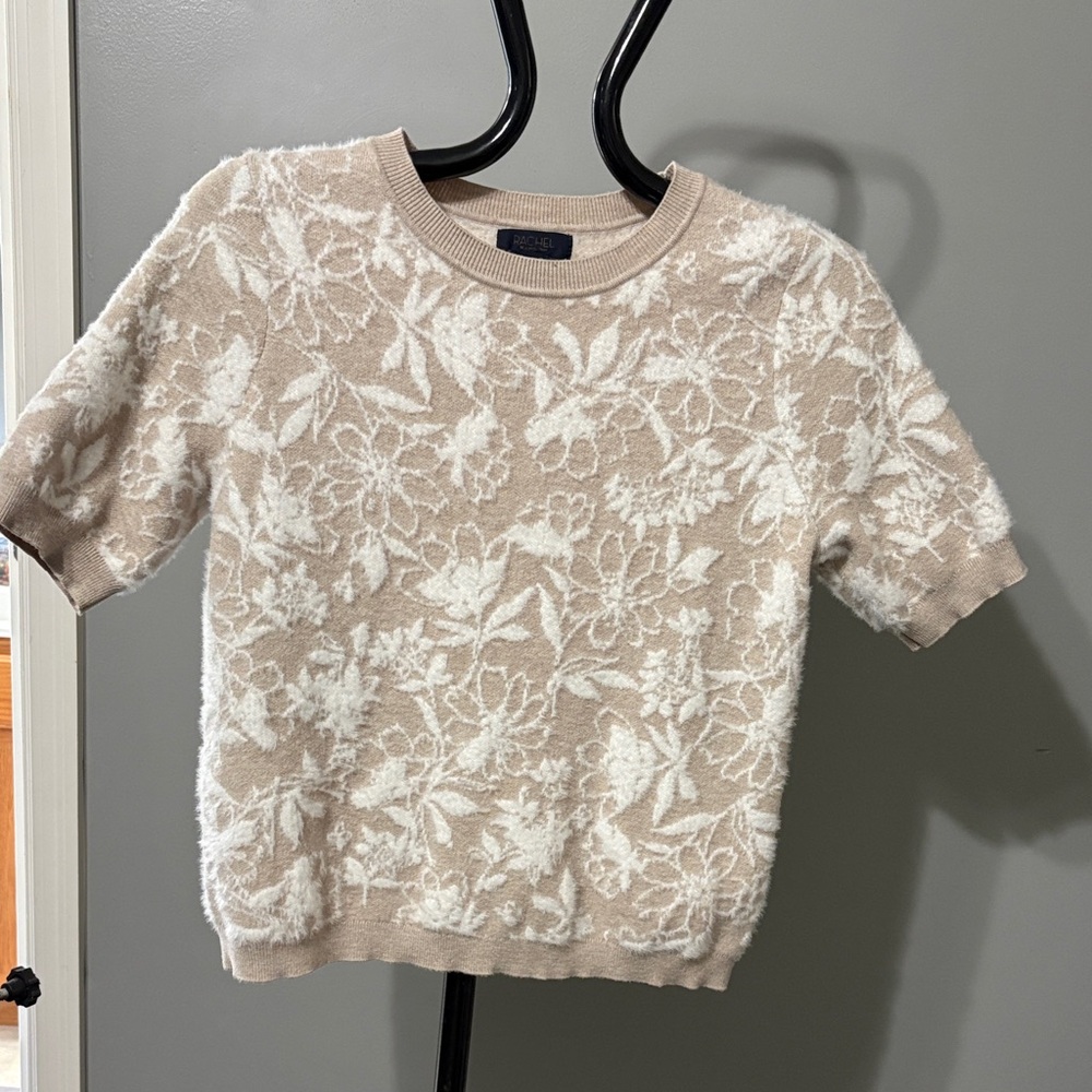 Rachel Zoe Beige and White Floral Short-Sleeve Sweater